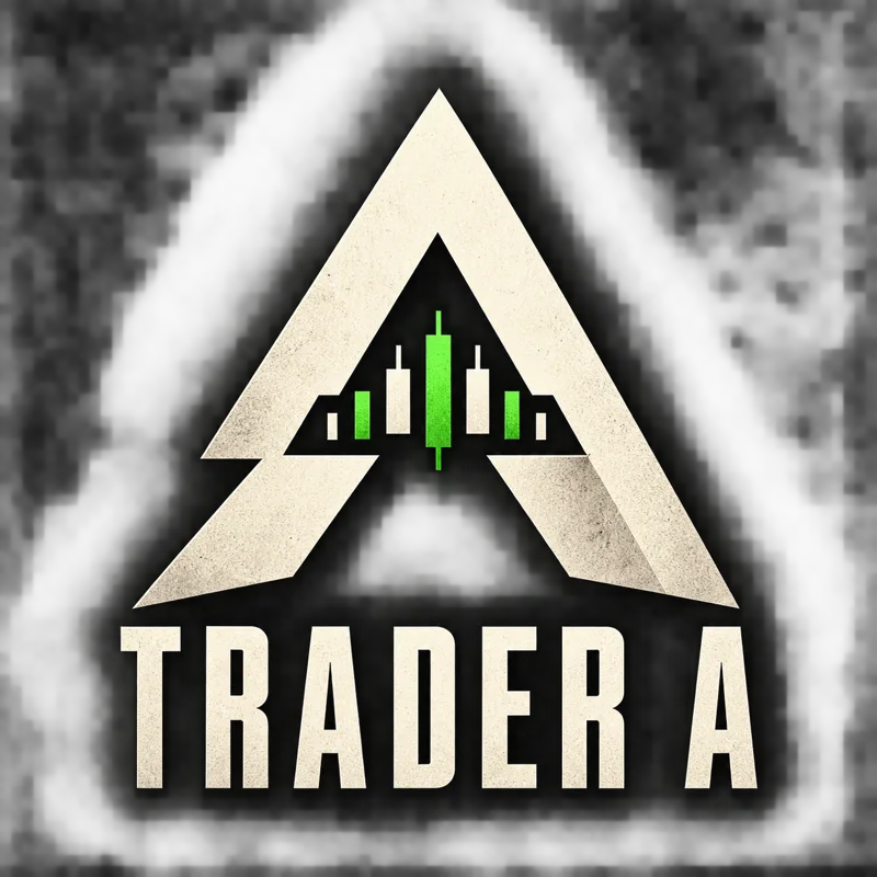 Trader A: ivory A monogram with green candlesticks on black